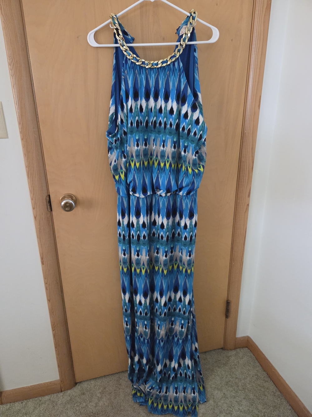 Blue Patterned Halter Maxi Dress with Gold Chain Accent